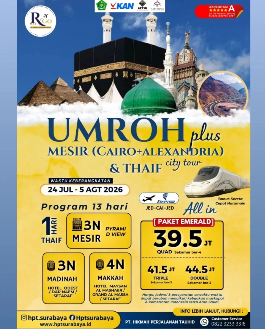UMROH PLUS MESIR (CAIRO+ALEXANDRIA ) & BONUS CITY TOUR THAIF – PAKET EMERALD